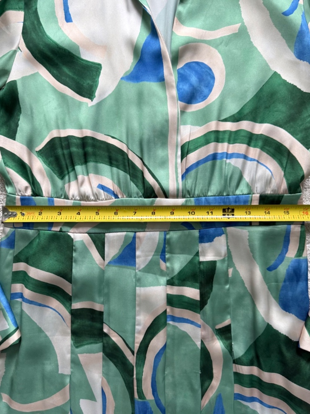 ZARA | Abstract Geometric Print Green, Cream & Blue Pleated Shirt Dress Sz L - Picture 4 of 10
